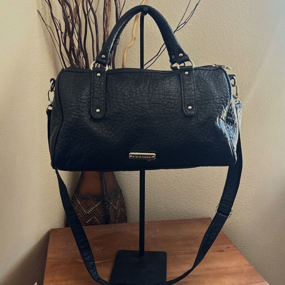 Steve Madden Black Pebbled Faux Leather Satchel Purse Crossbody Duffle